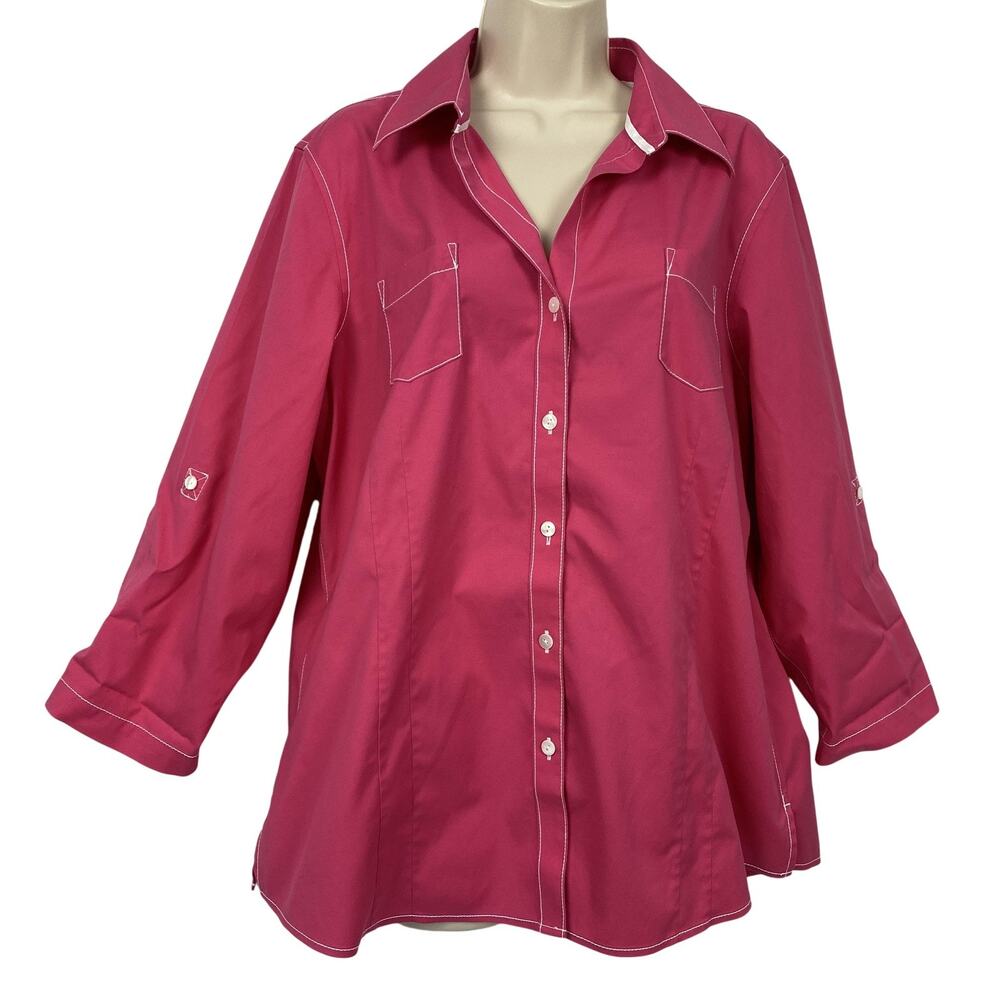 Foxcroft Non-Iron Stretch Fitted Top Women 16 Hot Pink Roll Tab Sleeve Button Up